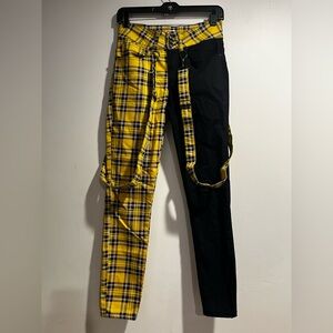 HOT TOPIC HT DENIM Split plaid and black suspender high rise skinny pants